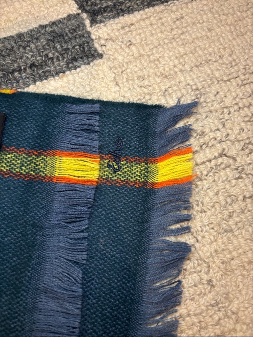 Echo Plaid Scarf Navy Yellow Tartan Fringe Wrap - Picture 11 of 12